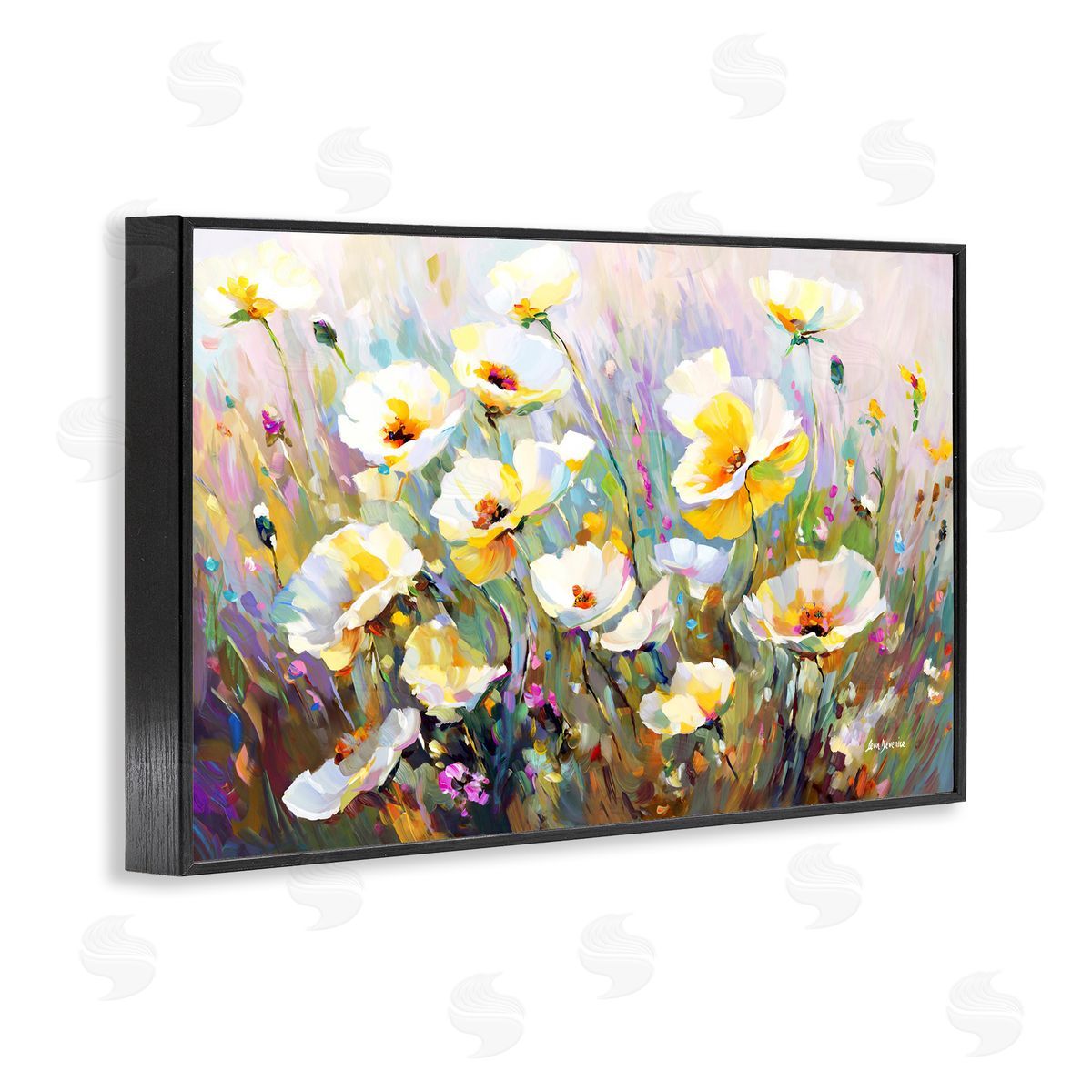 Sunlit Petals Embrace Black Frame Print Wall Art, Home Decor by Leon Devenice