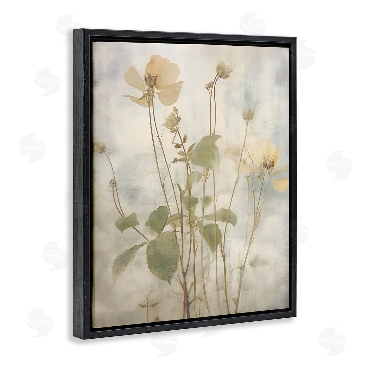 Lettered and Lined Soft Botanicals Pattern Black Floating Frame Canvas Wall Art Print