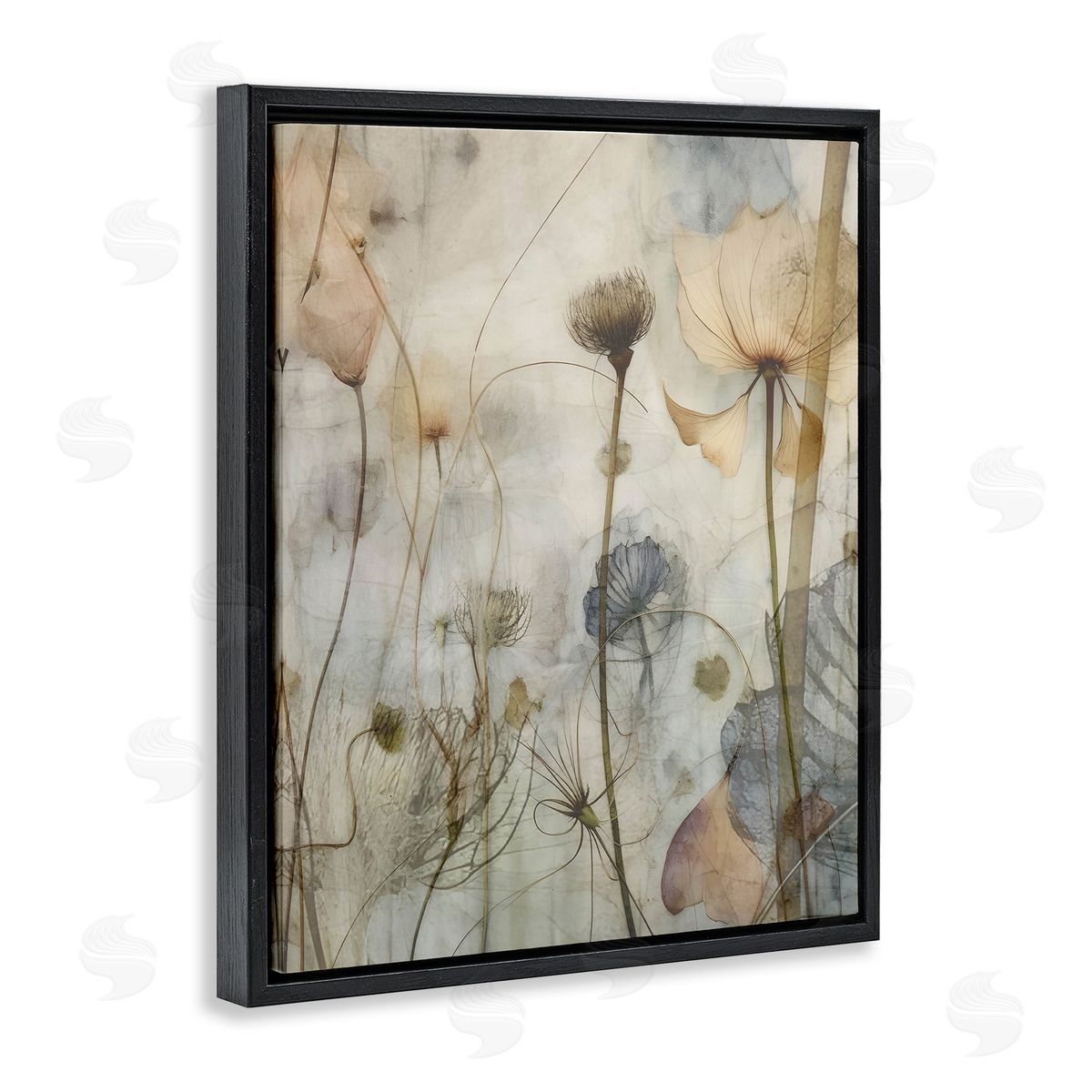 Lettered and Lined Subtle Botanicals Pattern Black Floating Frame Canvas Wall Art Print
