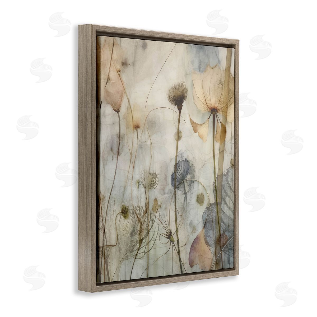 Lettered and Lined Subtle Botanicals Pattern Brown Floating Frame Canvas Wall Art Print