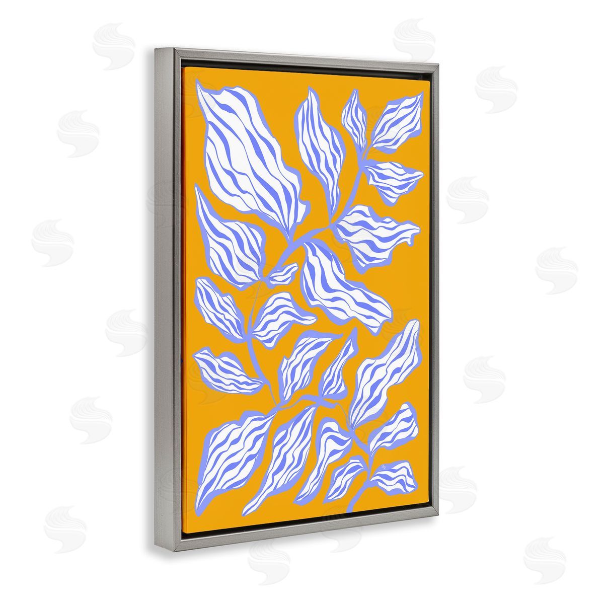 Leaves on Orange Grey Floating Frame Canvas Wall Art, Home Decor by Martina Pavlova