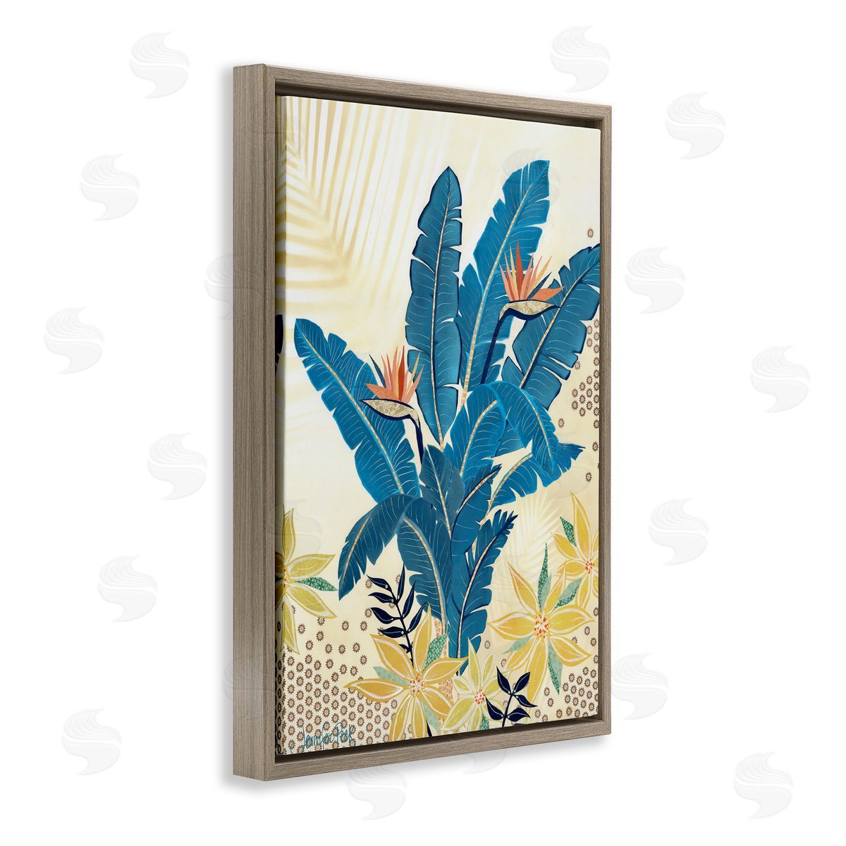 Blue Birds Of Paradise Brown Floating Frame Canvas Wall Art, Home Decor by Jennifer Peck