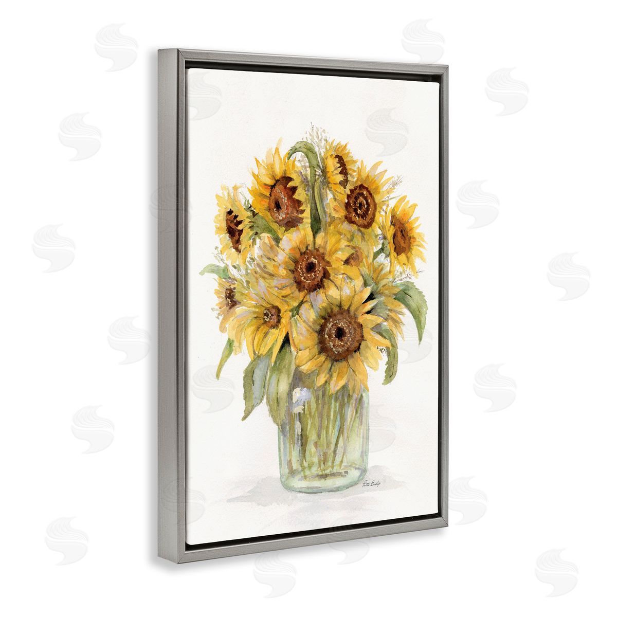 Sunflower Jar Bouquet Grey Floating Frame Canvas Wall Art, Home Decor by Patti Bishop