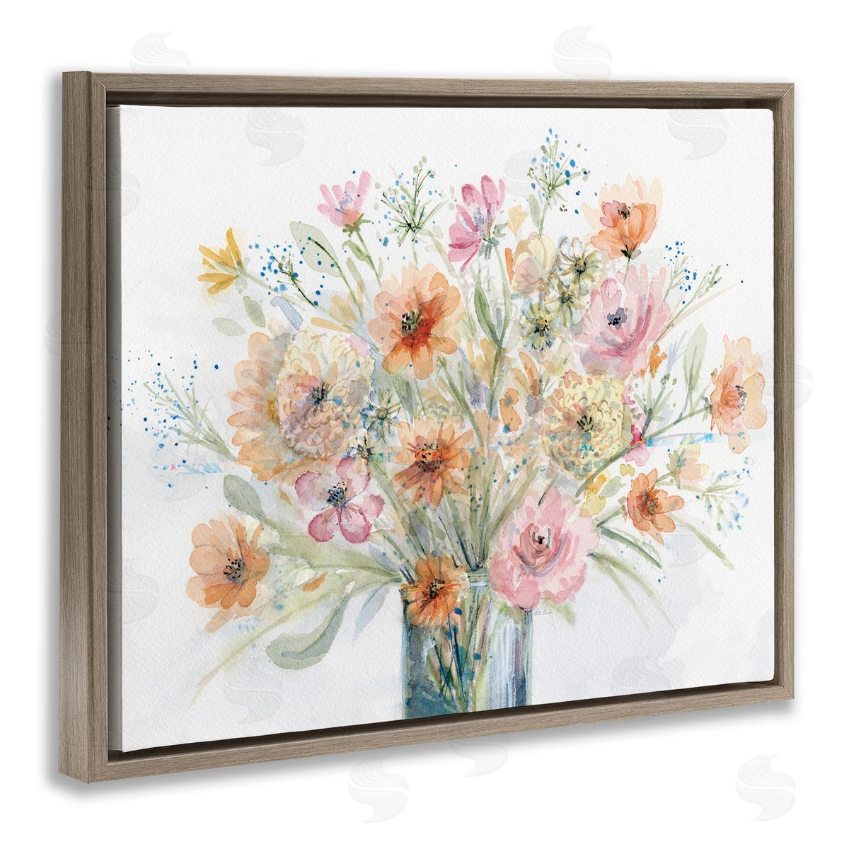 Peach Pink Bouquet Brown Floating Frame Canvas Wall Art, Home Decor by Patti Bishop