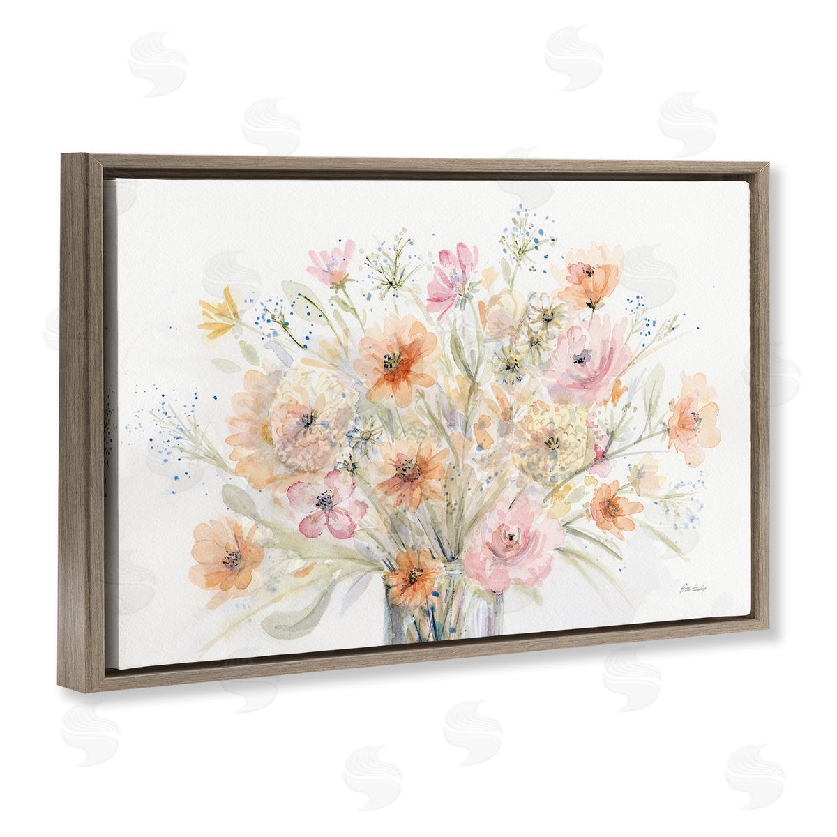 Patti Bishop Blush Pink Bouquet Brown Floating Frame Canvas Wall Art Print