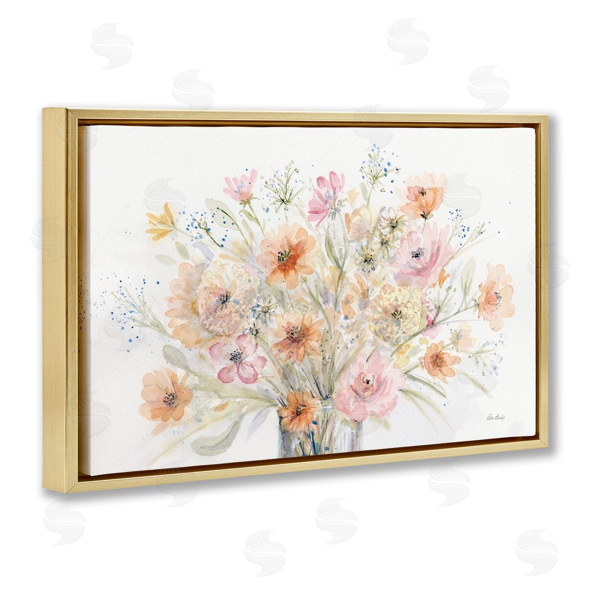Patti Bishop Blush Pink Bouquet Gold Floating Frame Canvas Wall Art Print