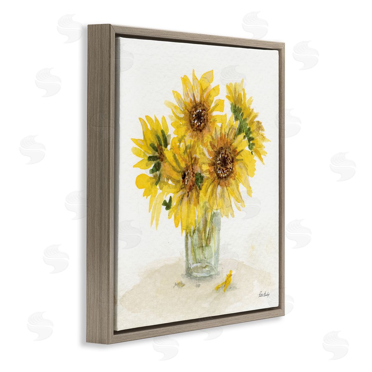 Patti Bishop Sunflower Jar Watercolor Brown Floating Frame Canvas Wall Art Print