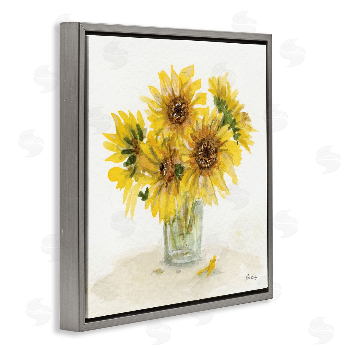 Patti Bishop Sunflower Jar Watercolor Gray Floating Frame Canvas Wall Art Print