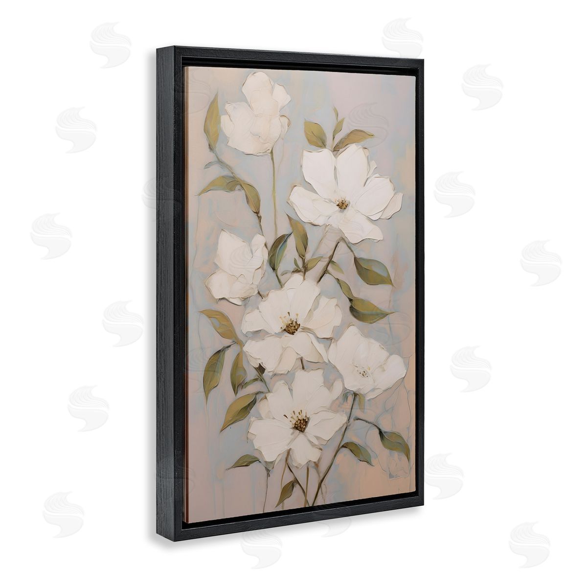 Pearly White Flowers Black Floating Frame Canvas Wall Art, Home Decor by Petals Prints Design