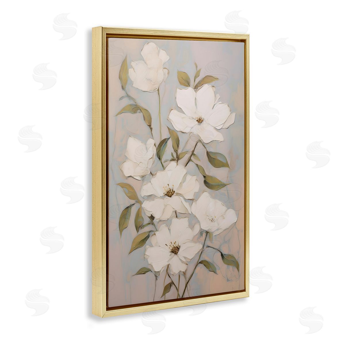 Pearly White Flowers Gold Floating Frame Canvas Wall Art, Home Decor by Petals Prints Design