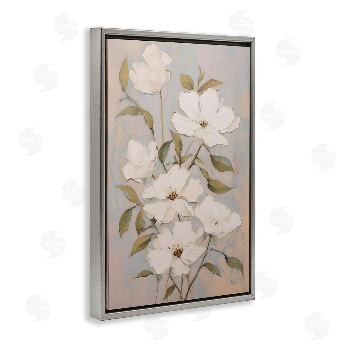 Pearly White Flowers Grey Floating Frame Canvas Wall Art, Home Decor by Petals Prints Design