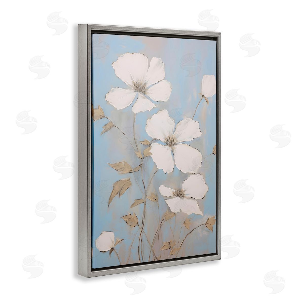 White Petal Flowers Grey Floating Frame Canvas Wall Art, Home Decor by Petals Prints Design