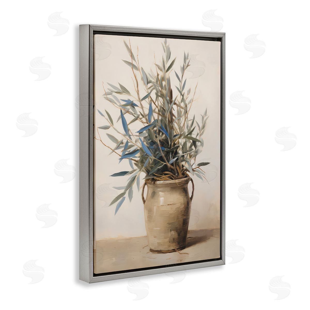 Petal Prints Design Country Pottery Plant Gray Floating Frame Canvas Wall Art Print