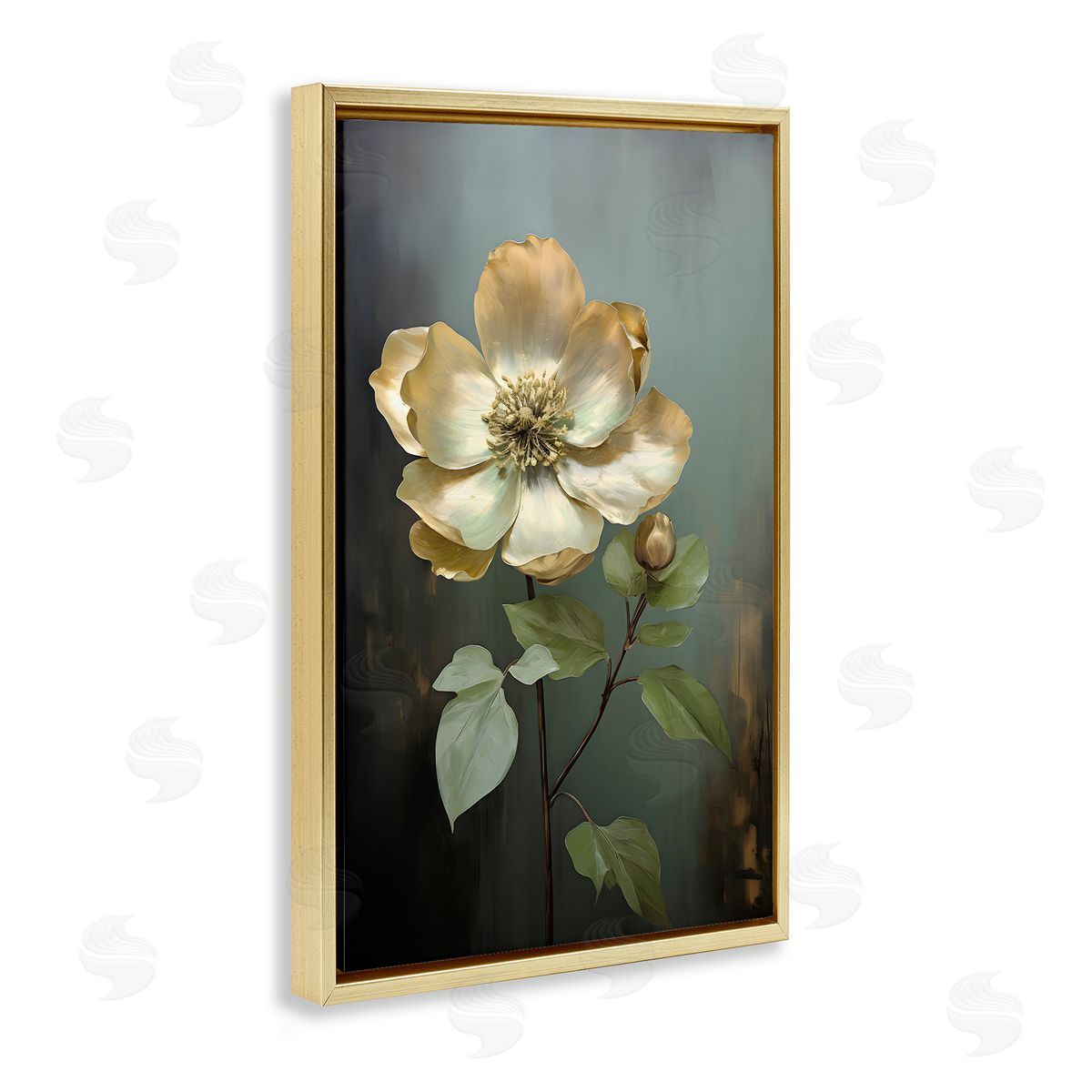 White Floret Petals Gold Floating Frame Canvas Wall Art, Home Decor by Petals Prints Design