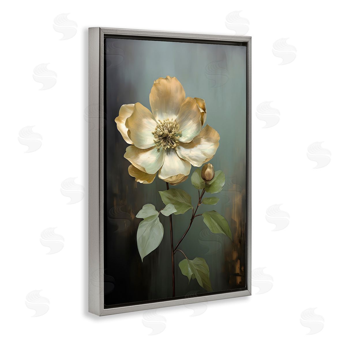 White Floret Petals Grey Floating Frame Canvas Wall Art, Home Decor by Petals Prints Design