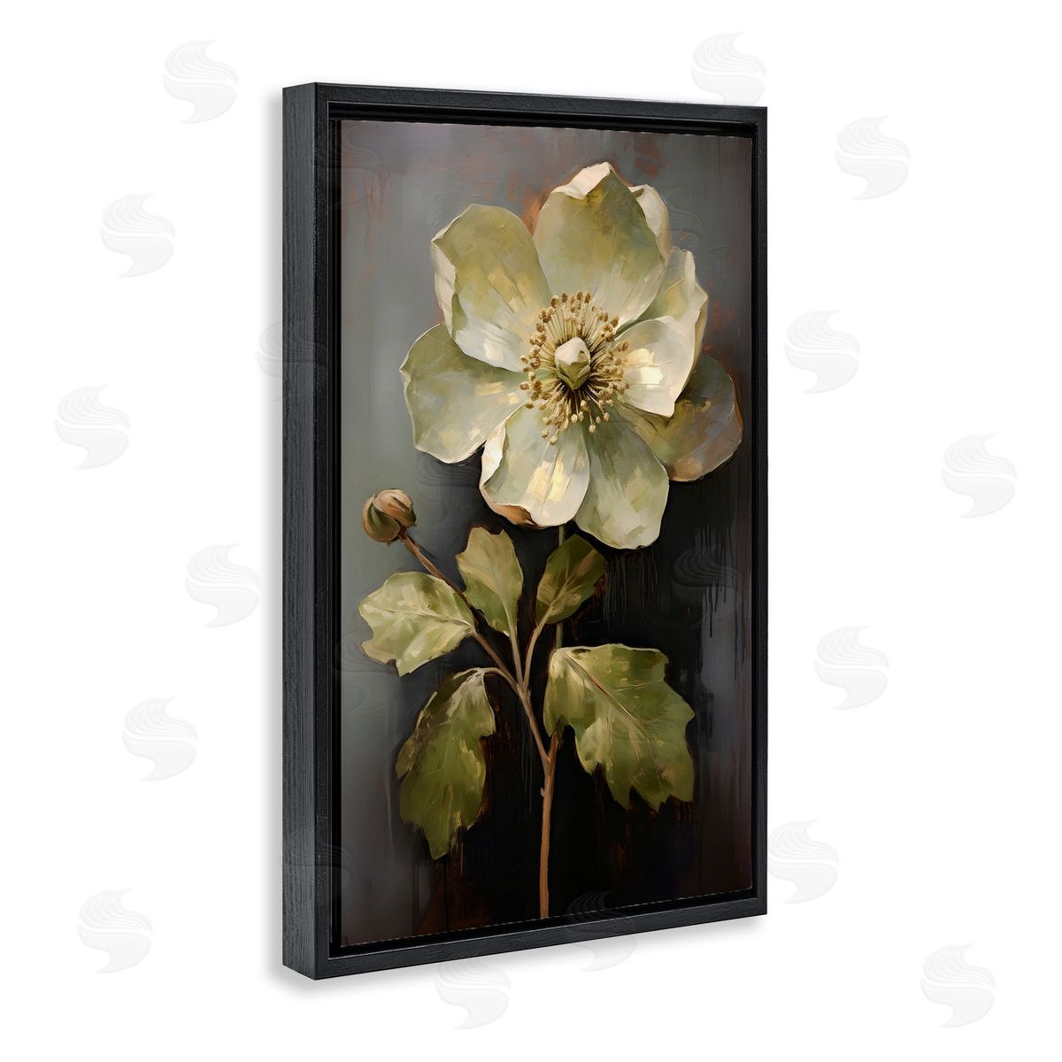 White Magnolia Floret Black Floating Frame Canvas Wall Art, Home Decor by Petals Prints Design