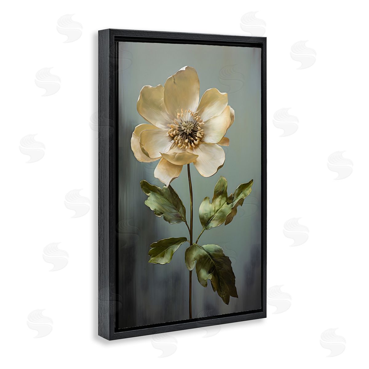 White Floret Bloom Black Floating Frame Canvas Wall Art, Home Decor by Petals Prints Design
