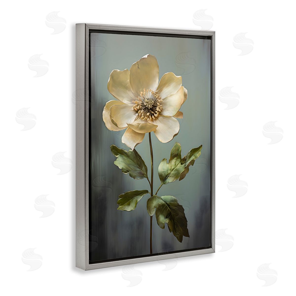 White Floret Bloom Grey Floating Frame Canvas Wall Art, Home Decor by Petals Prints Design