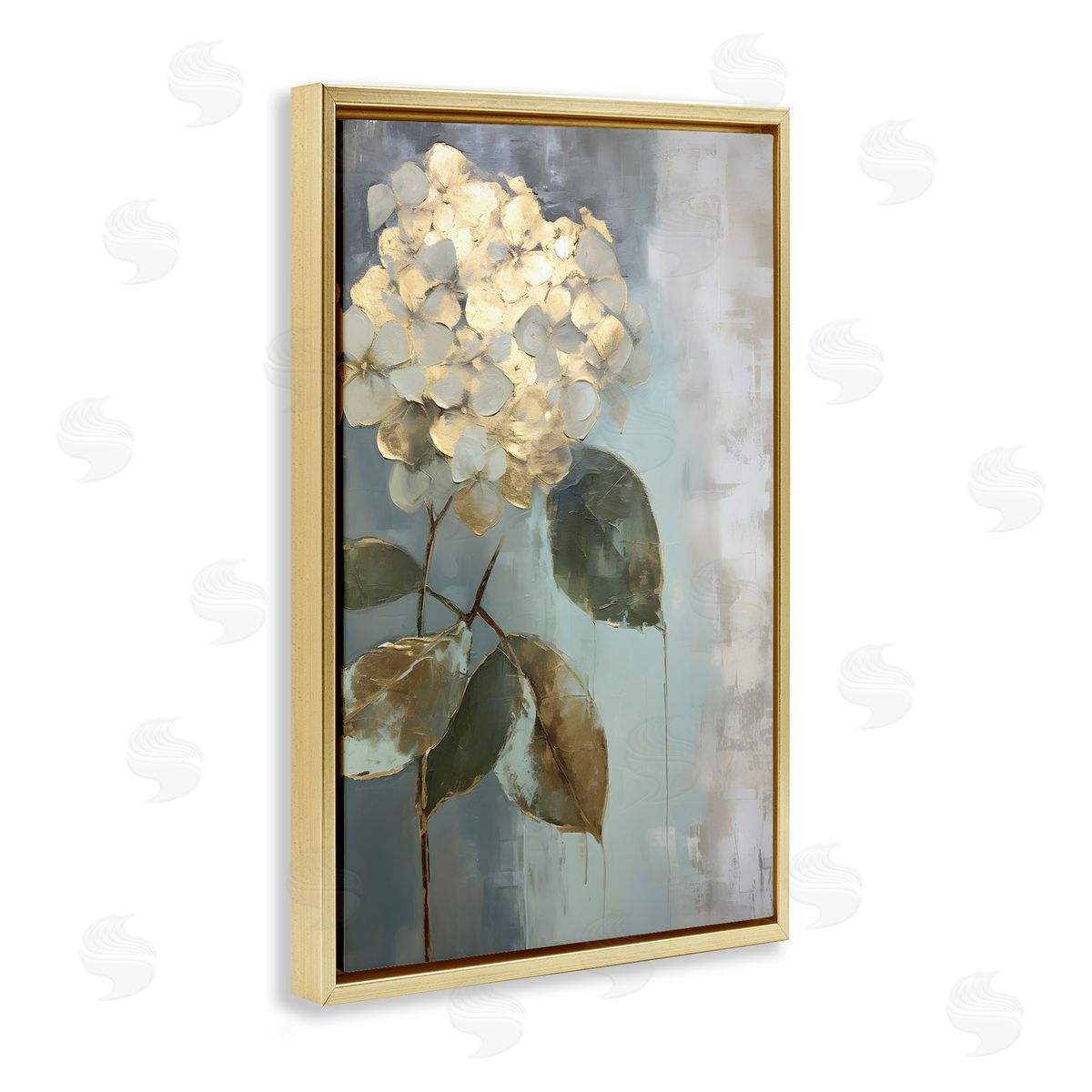 Distressed Hydrangea Bloom Gold Floating Frame Canvas Wall Art, Home Decor by Petals Prints Design