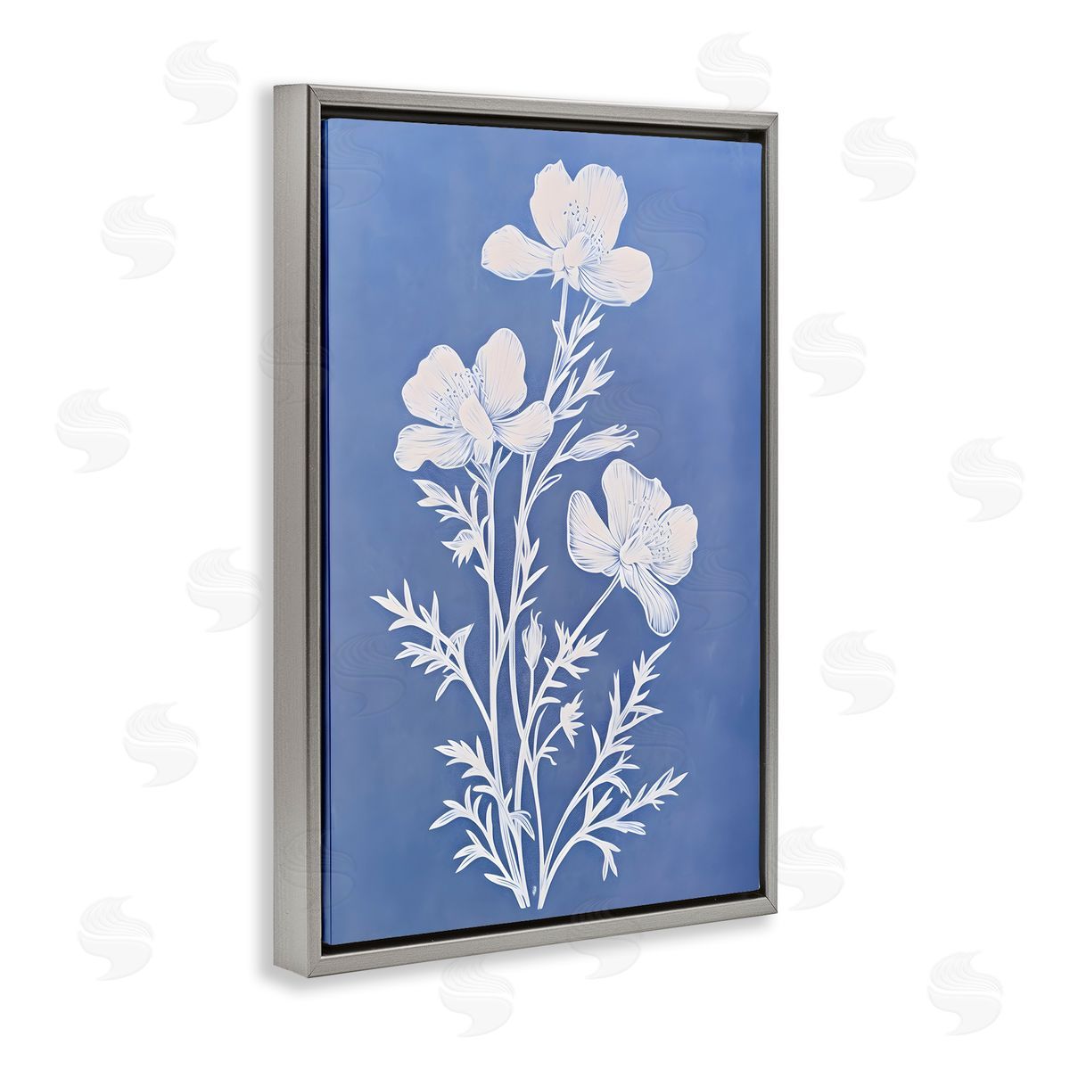 Cerulean Blue Blooms Grey Floating Frame Canvas Wall Art, Home Decor by Petals Prints Design