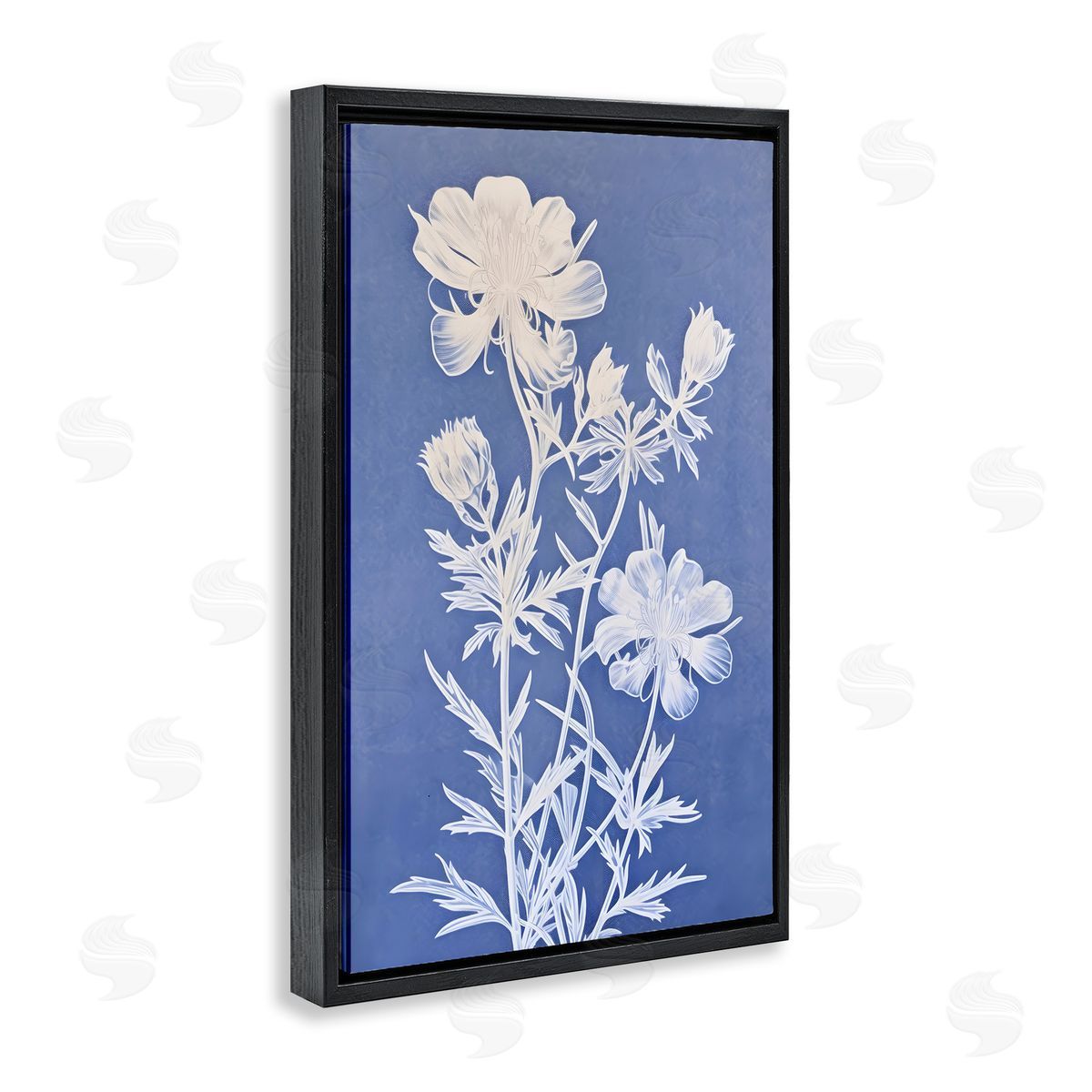 Cerulean Botanical Pattern Black Floating Frame Canvas Wall Art, Home Decor by Petals Prints Design