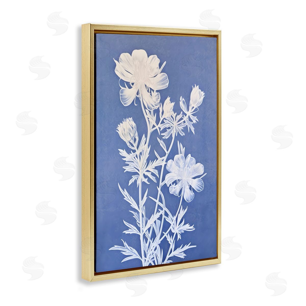 Cerulean Botanical Pattern Gold Floating Frame Canvas Wall Art, Home Decor by Petals Prints Design