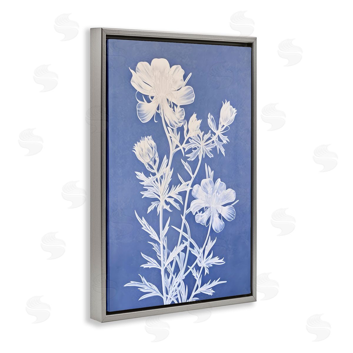 Cerulean Botanical Pattern Grey Floating Frame Canvas Wall Art, Home Decor by Petals Prints Design