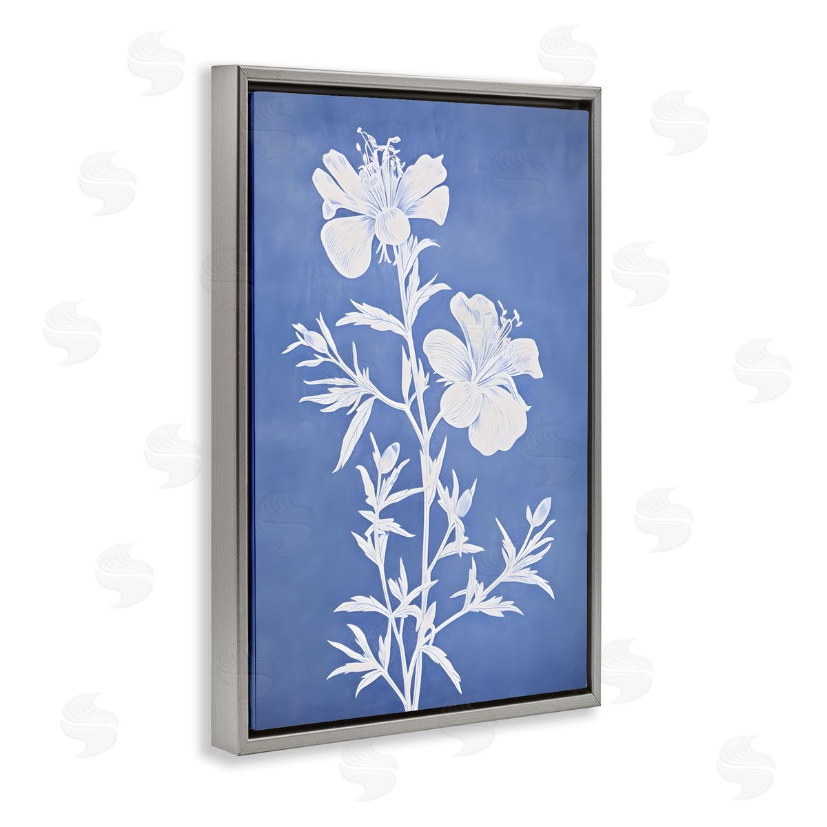 Blue Cerulean Florals Grey Floating Frame Canvas Wall Art, Home Decor by Petals Prints Design