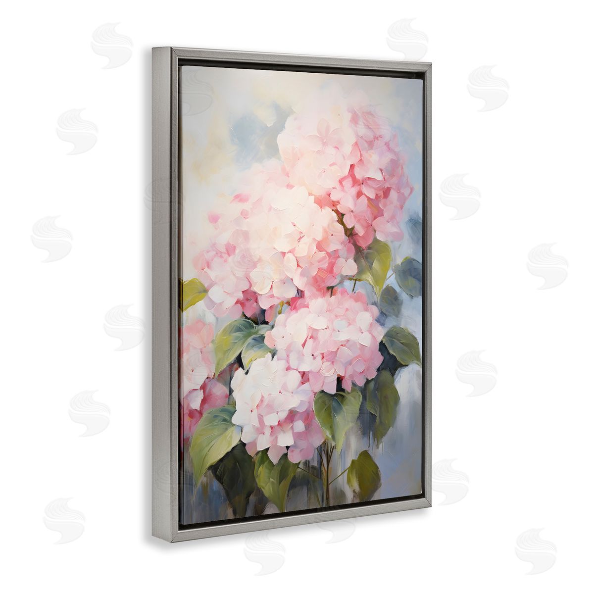 Pale Pink Hydrangea Grey Floating Frame Canvas Wall Art, Home Decor by Petals Prints Design