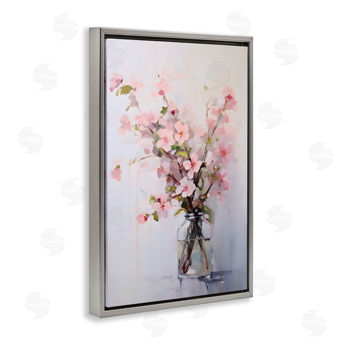 Soft Sakura Vase Grey Floating Frame Canvas Wall Art, Home Decor by Petals Prints Design