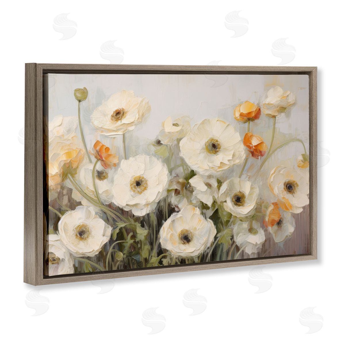 Petal Prints Design White Ranunculus Blooms Brown Floating Frame Canvas Wall Art Print