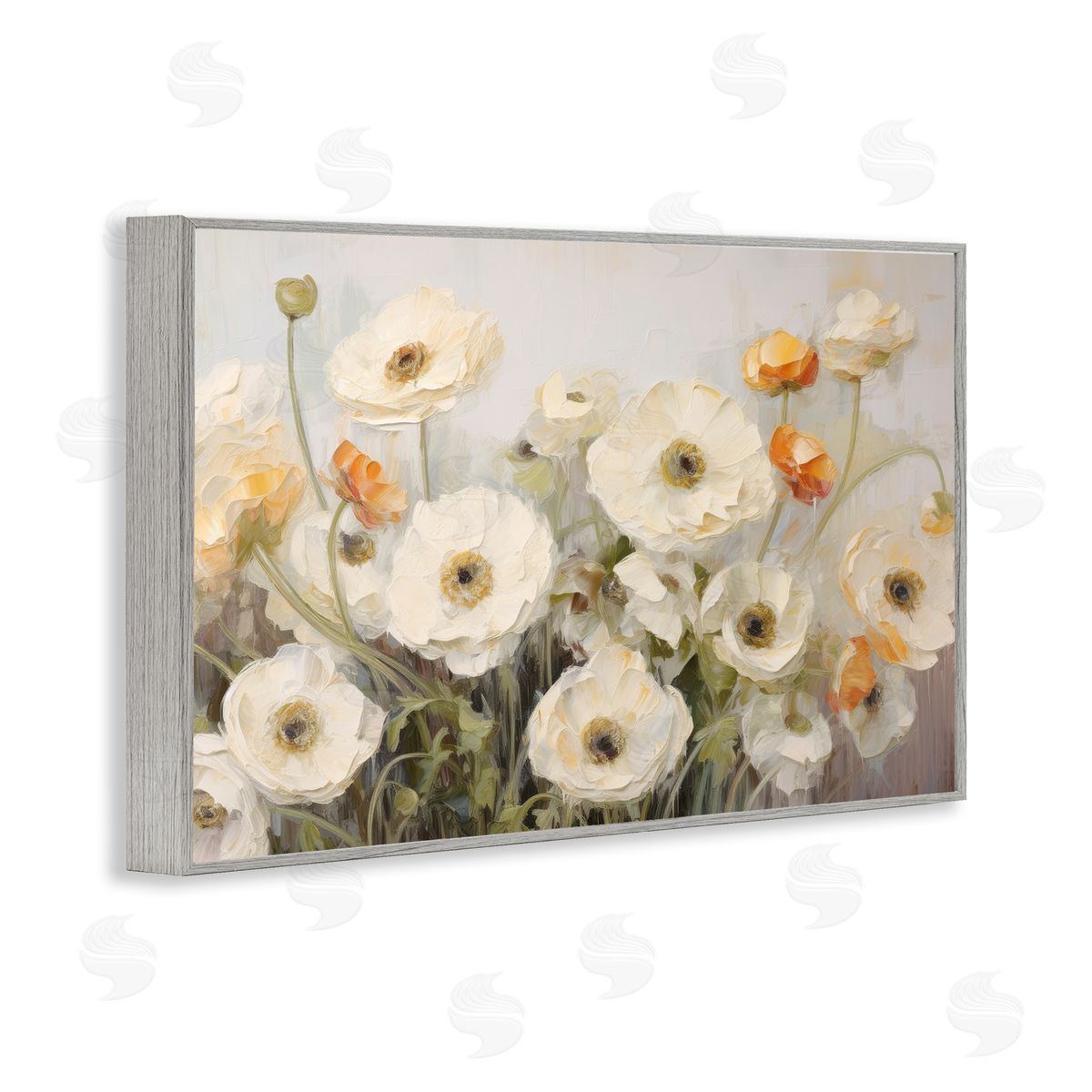 Petal Prints Design White Ranunculus Blooms Gray Framed Giclee Wall Art Print