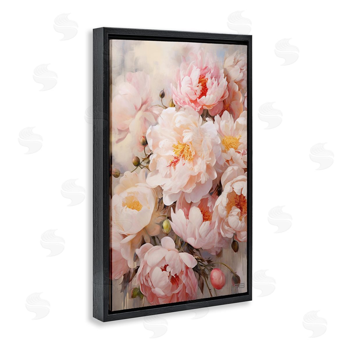 Pink Peonies Collage Black Floating Frame Canvas Wall Art, Home Decor by Roozbeh Bahramali