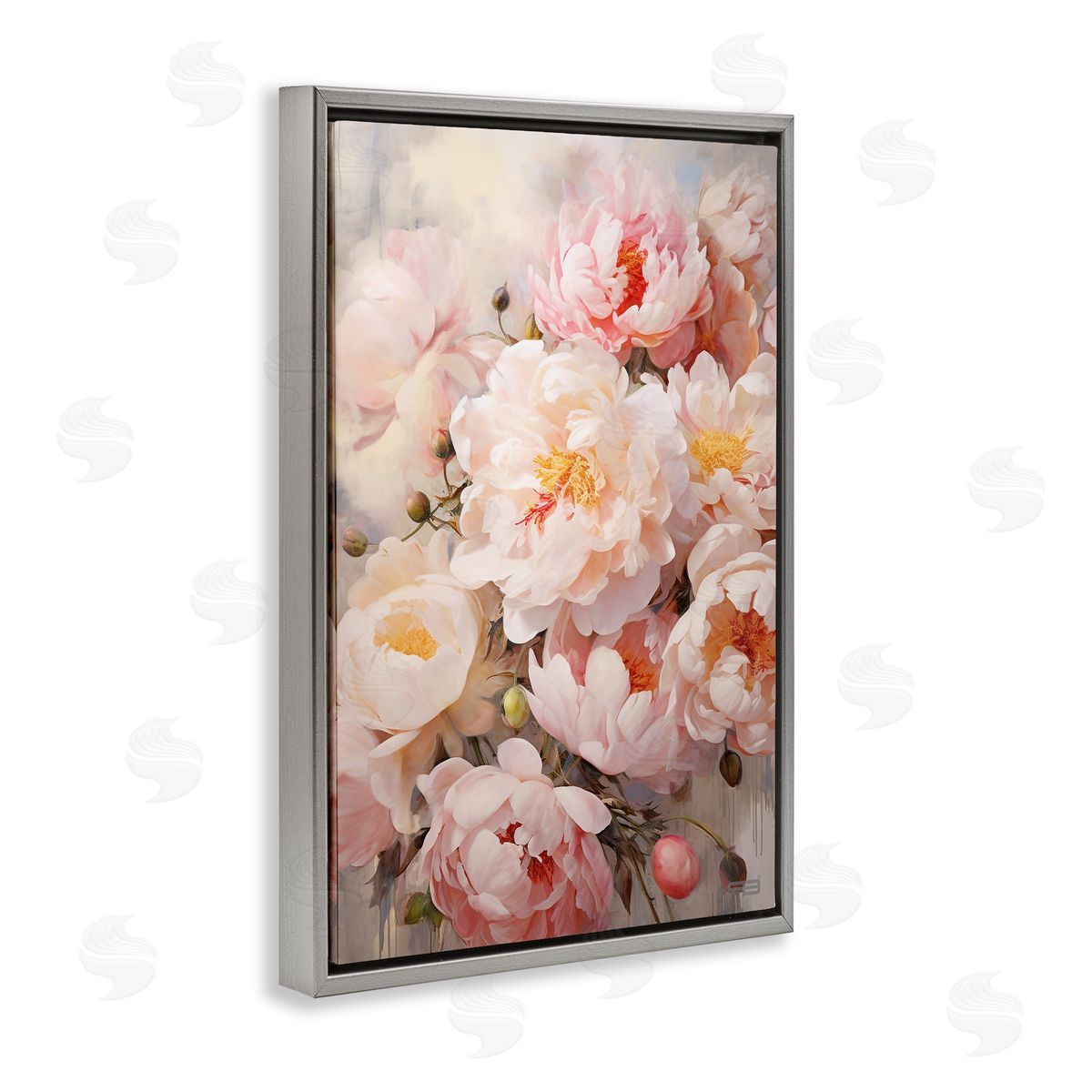 Pink Peonies Collage Grey Floating Frame Canvas Wall Art, Home Decor by Roozbeh Bahramali