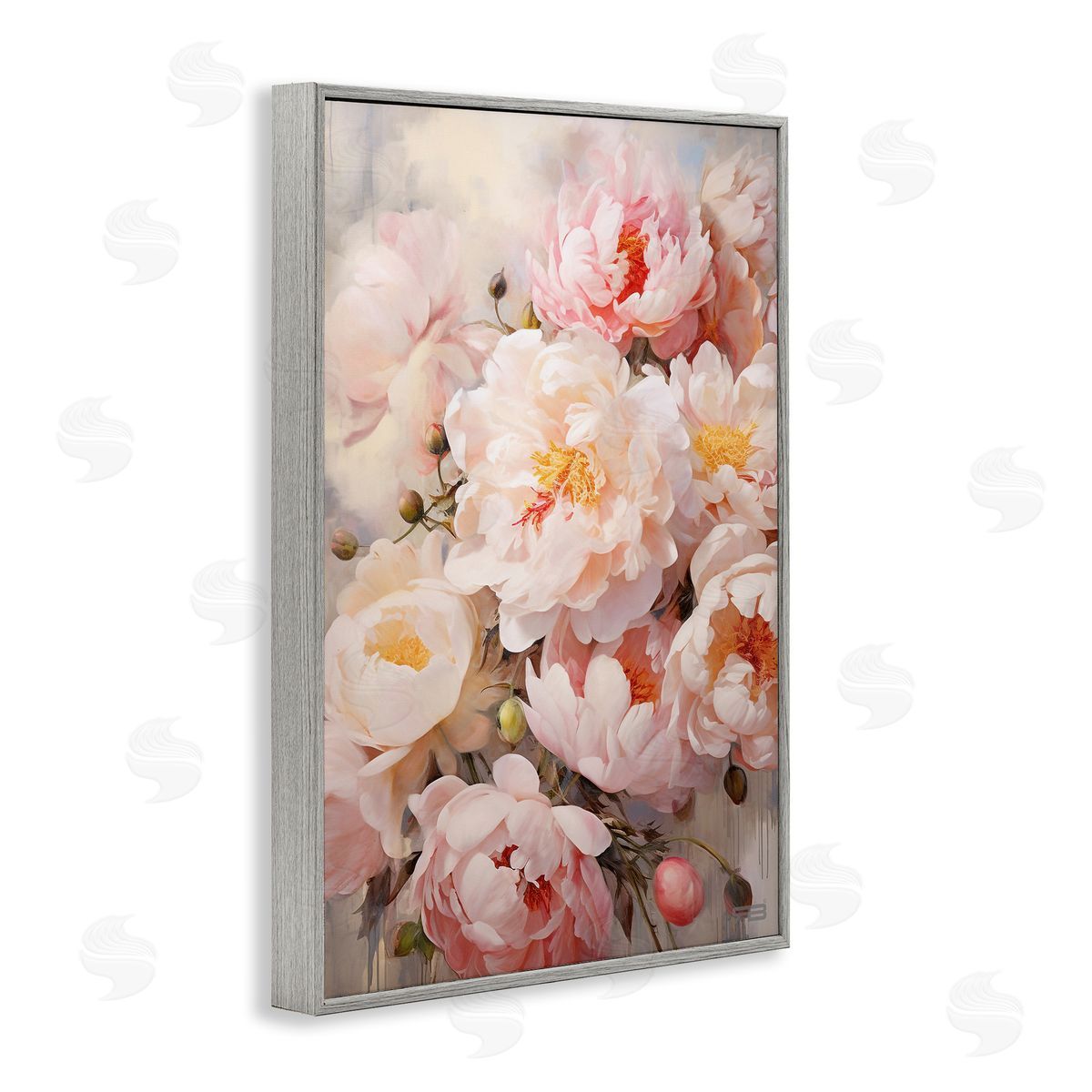 Pink Peonies Collage Grey Frame Print Wall Art, Home Decor by Roozbeh Bahramali