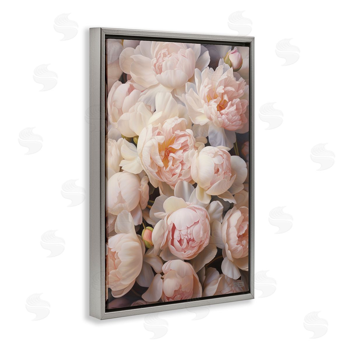 Blooming Pink Peonies Grey Floating Frame Canvas Wall Art, Home Decor by Roozbeh Bahramali