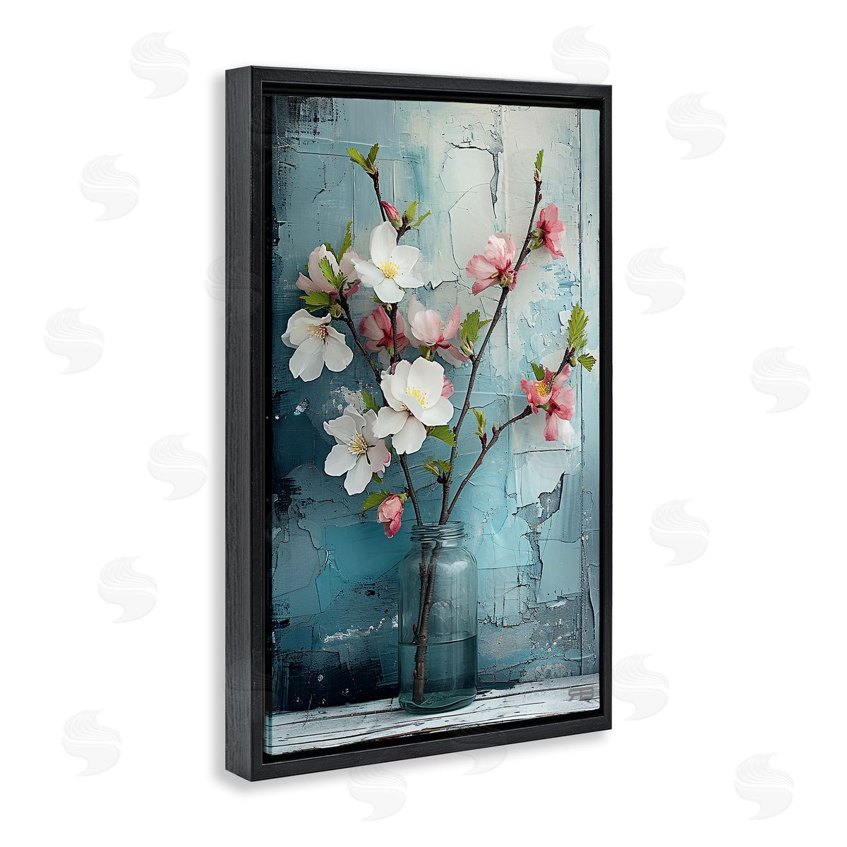 Distressed Magnolia Vase Black Floating Frame Canvas Wall Art, Home Decor by Roozbeh Bahramali