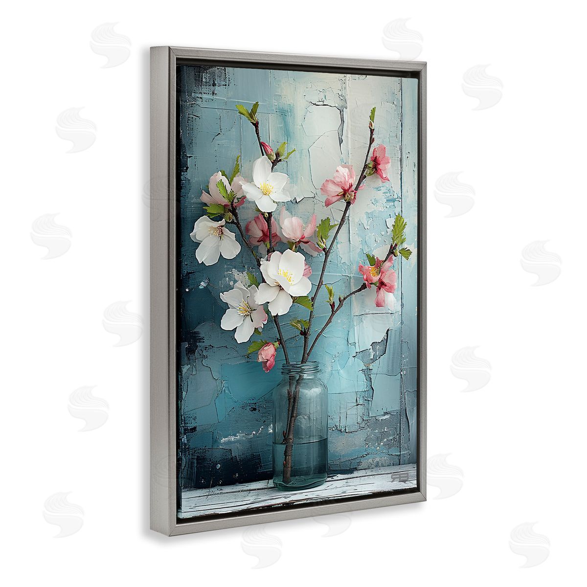 Distressed Magnolia Vase Grey Floating Frame Canvas Wall Art, Home Decor by Roozbeh Bahramali