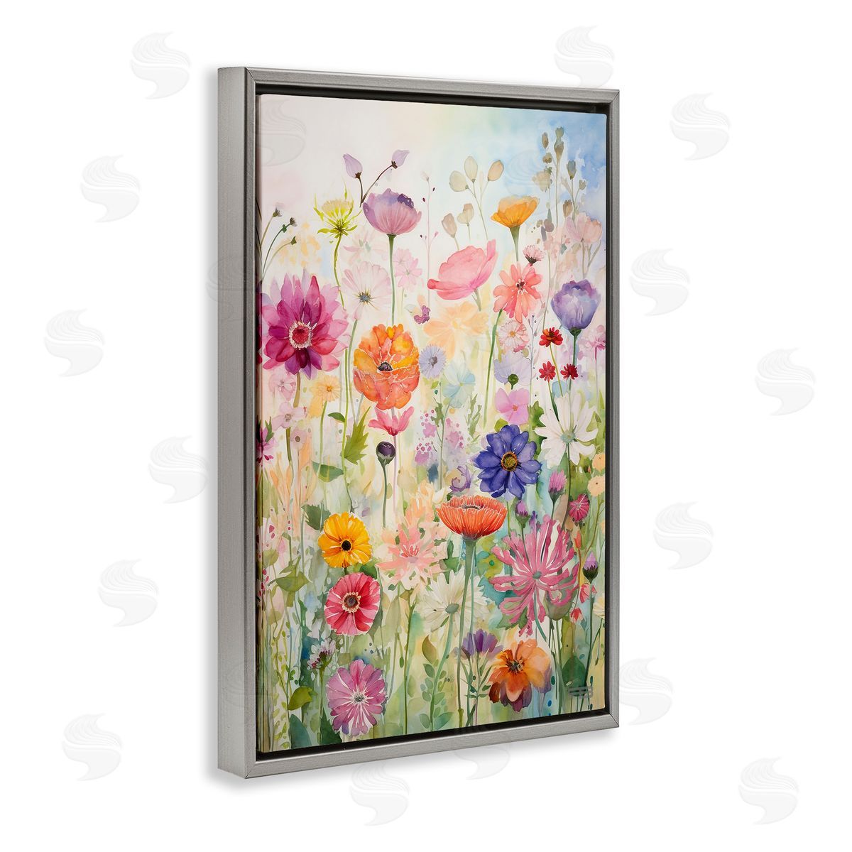 Bright Floral Garden Grey Floating Frame Canvas Wall Art, Home Decor by Roozbeh Bahramali