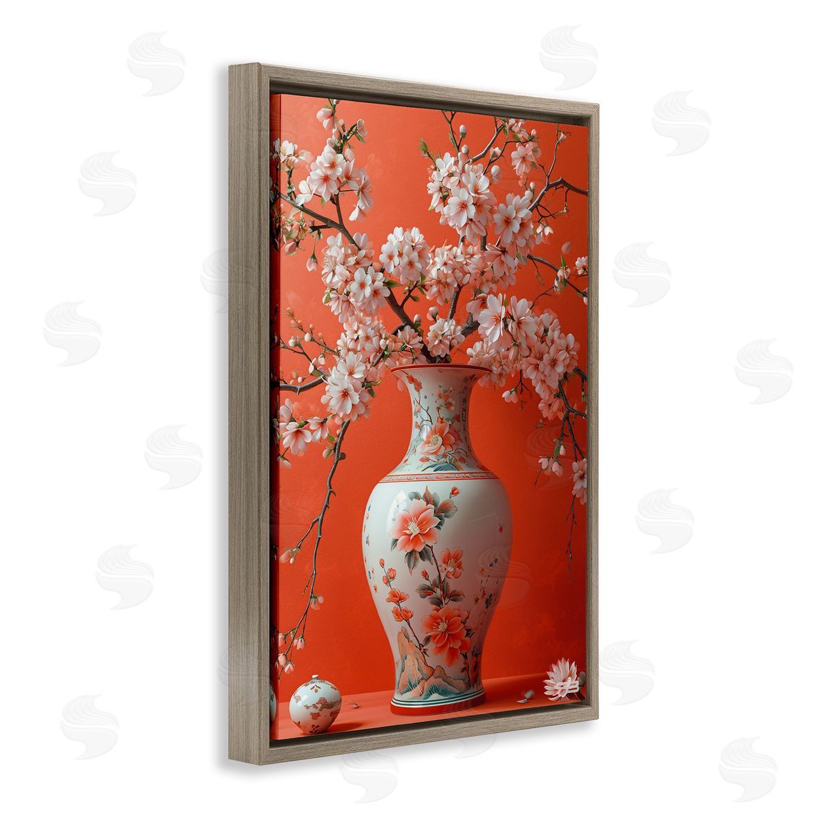 Flowers in Eastern Vase Brown Floating Frame Canvas Wall Art, Home Decor by Roozbeh Bahramali