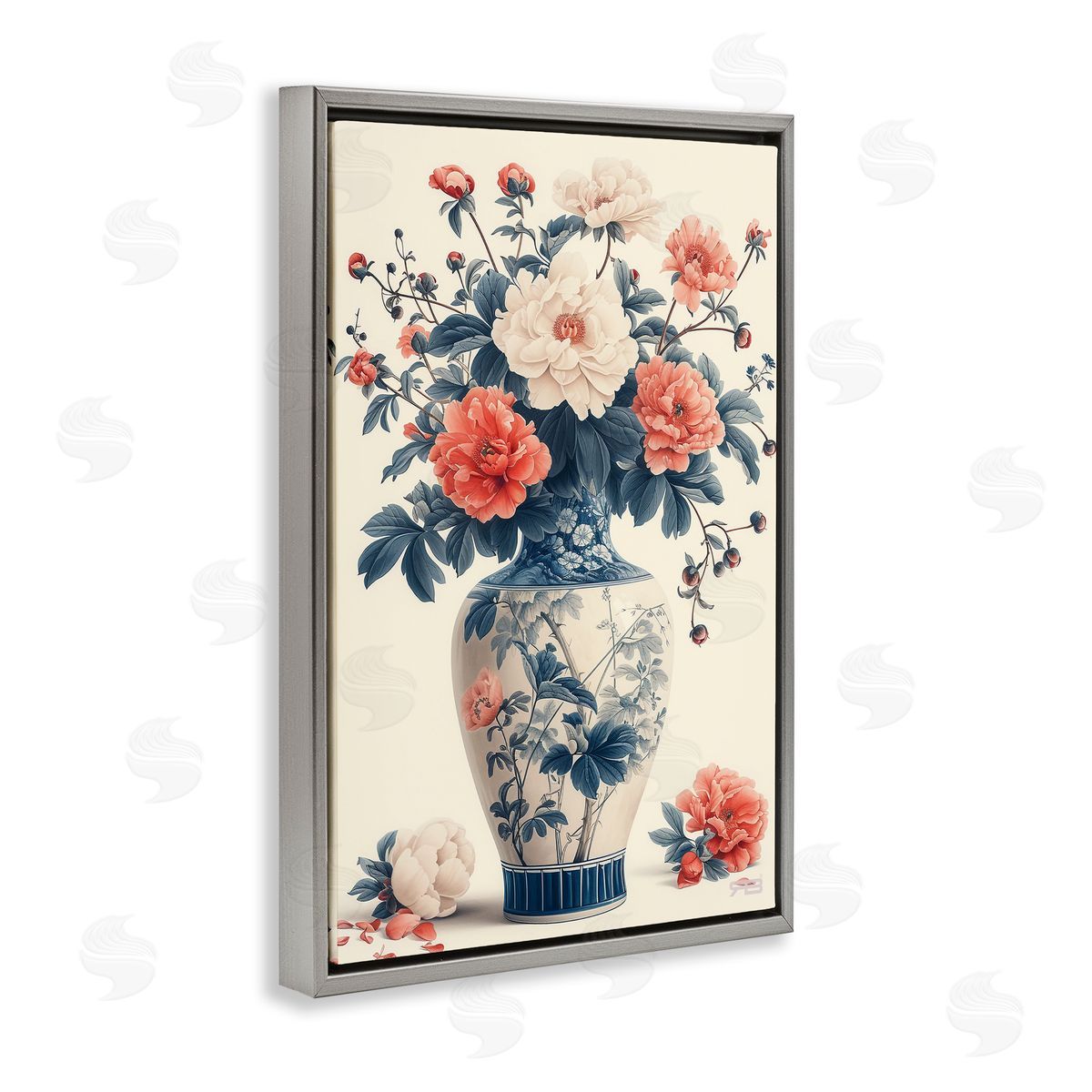 Vintage Eastern Vase Grey Floating Frame Canvas Wall Art, Home Decor by Roozbeh Bahramali
