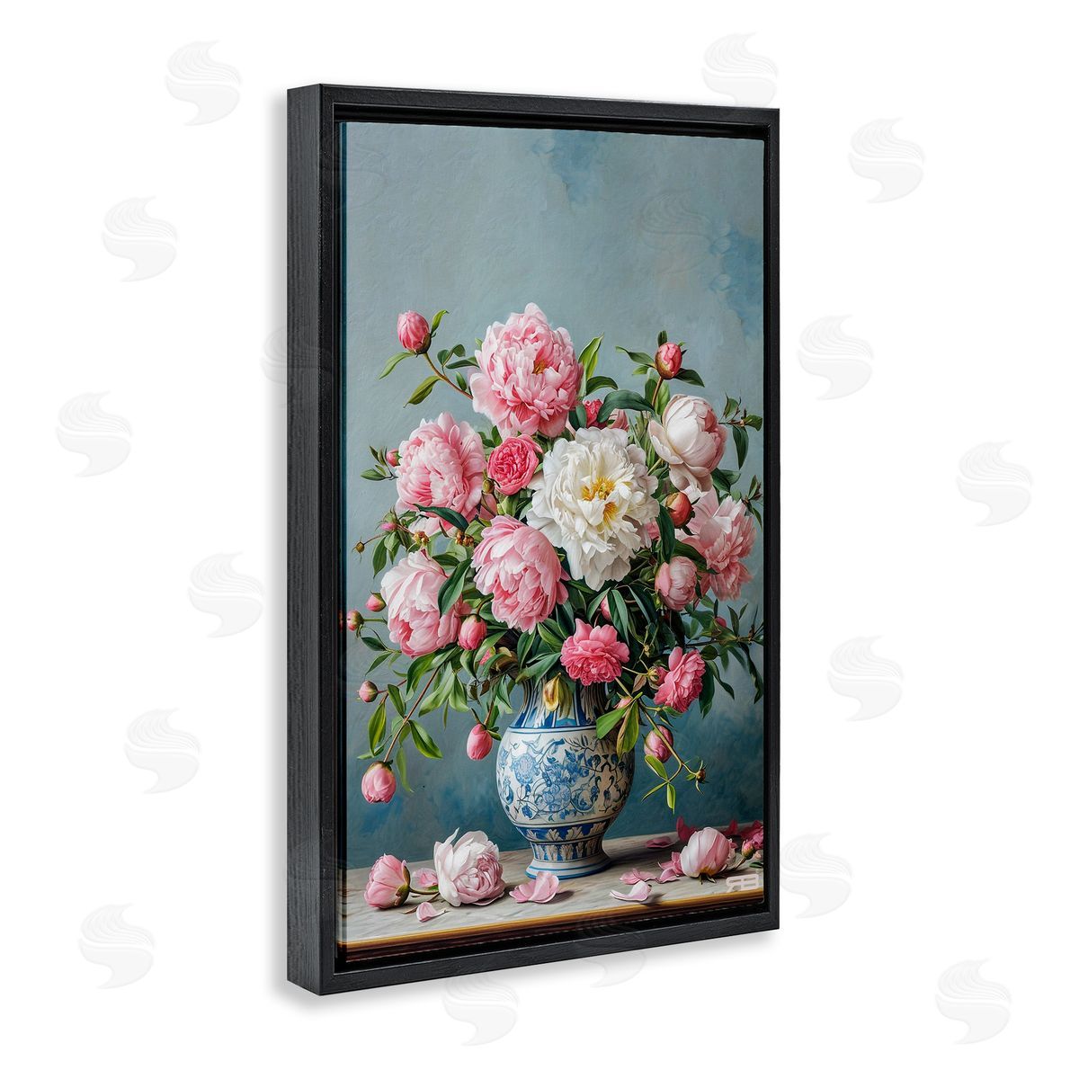 Full Peonies Vase Black Floating Frame Canvas Wall Art, Home Decor by Roozbeh Bahramali