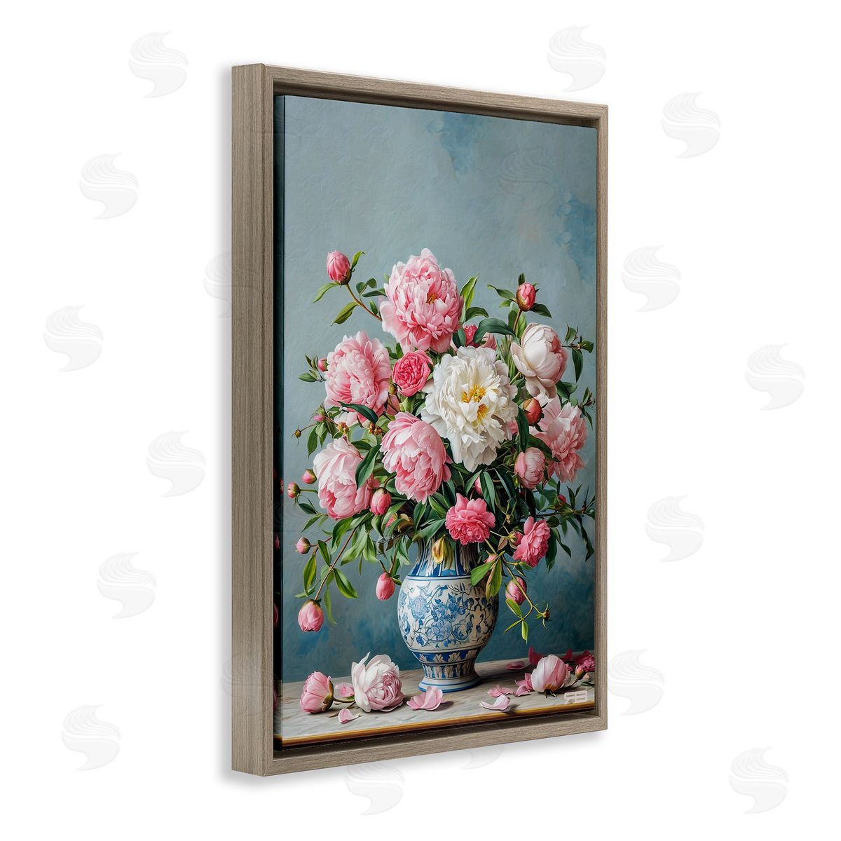 Full Peonies Vase Brown Floating Frame Canvas Wall Art, Home Decor by Roozbeh Bahramali