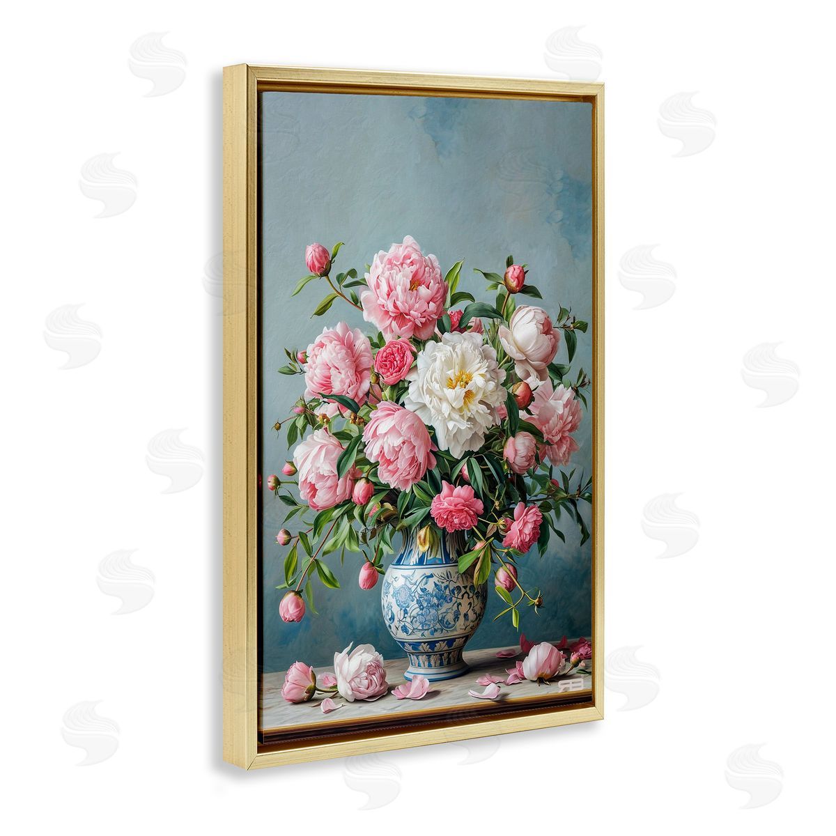 Full Peonies Vase Gold Floating Frame Canvas Wall Art, Home Decor by Roozbeh Bahramali