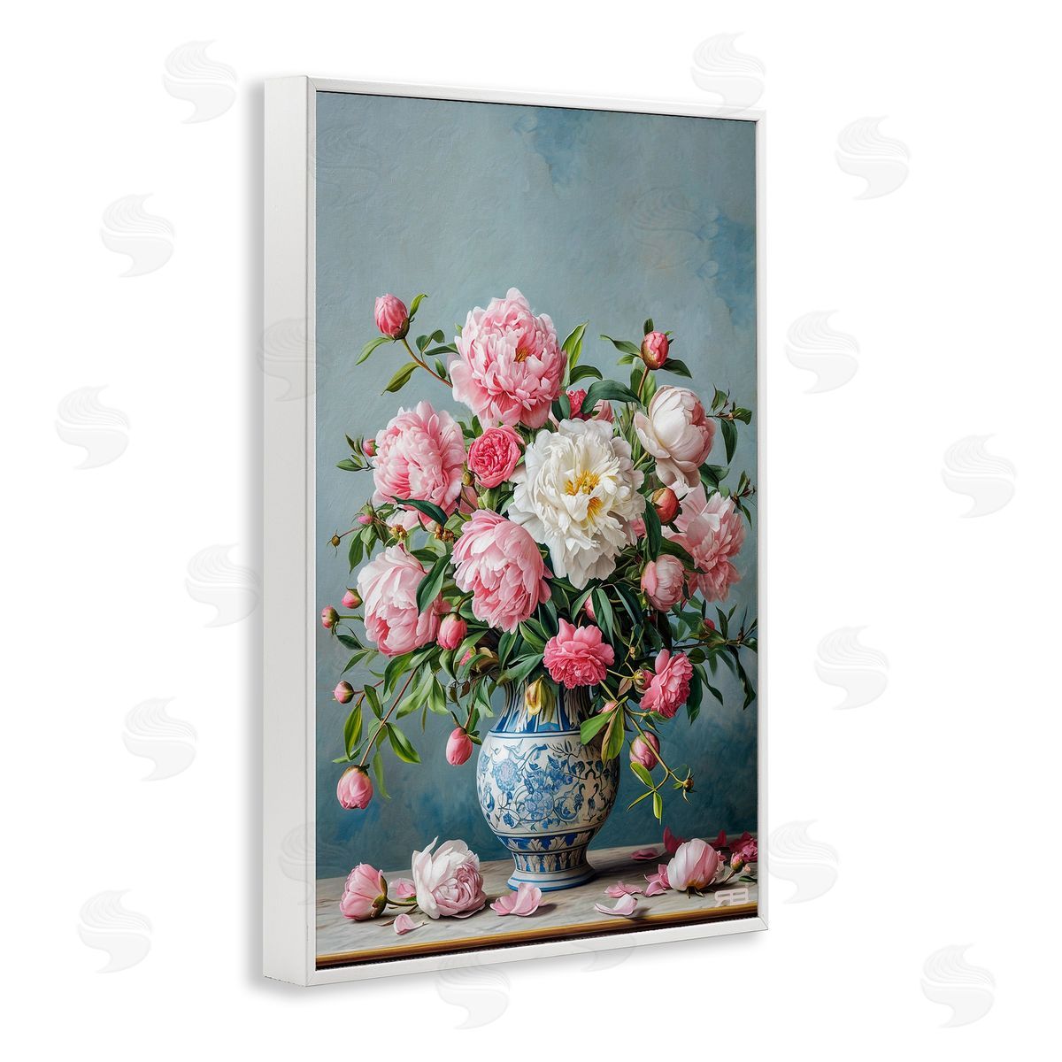 Full Peonies Vase White Frame Print Wall Art, Home Decor by Roozbeh Bahramali
