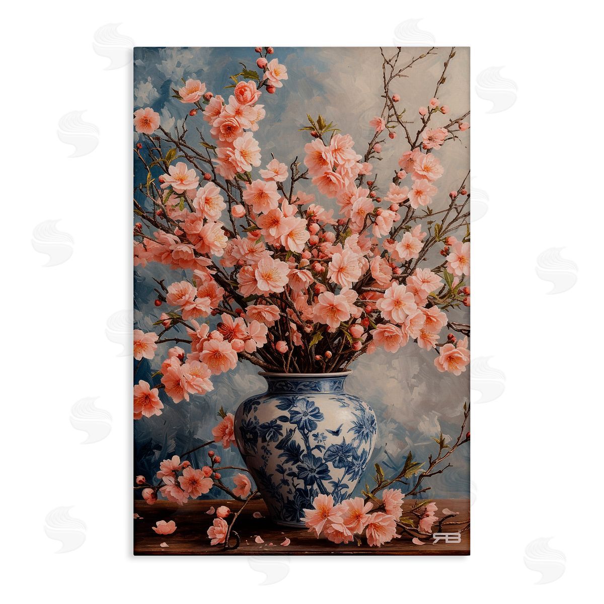 Detailed Cherry Blossom Vase Canvas Wall Art, Home Decor by Roozbeh Bahramali