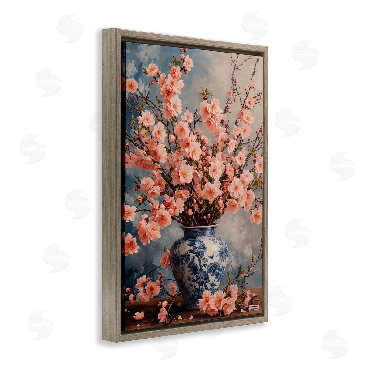 Detailed Cherry Blossom Vase Brown Floating Frame Canvas Wall Art, Home Decor by Roozbeh Bahramali