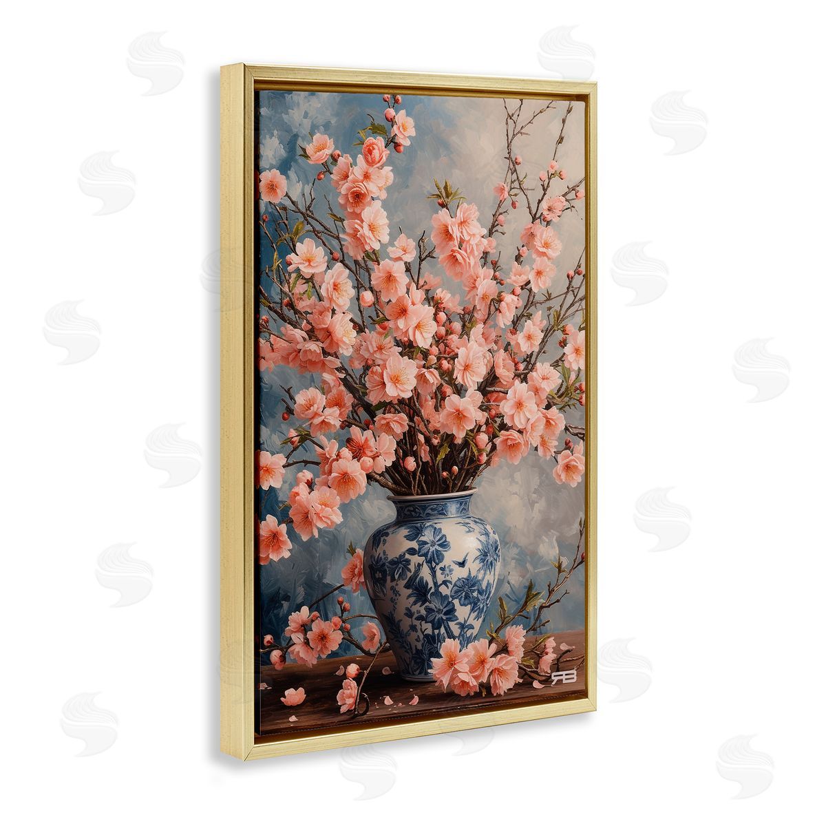 Detailed Cherry Blossom Vase Gold Floating Frame Canvas Wall Art, Home Decor by Roozbeh Bahramali