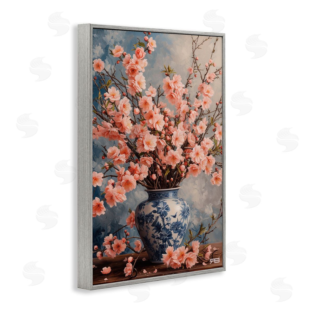 Detailed Cherry Blossom Vase Grey Frame Print Wall Art, Home Decor by Roozbeh Bahramali