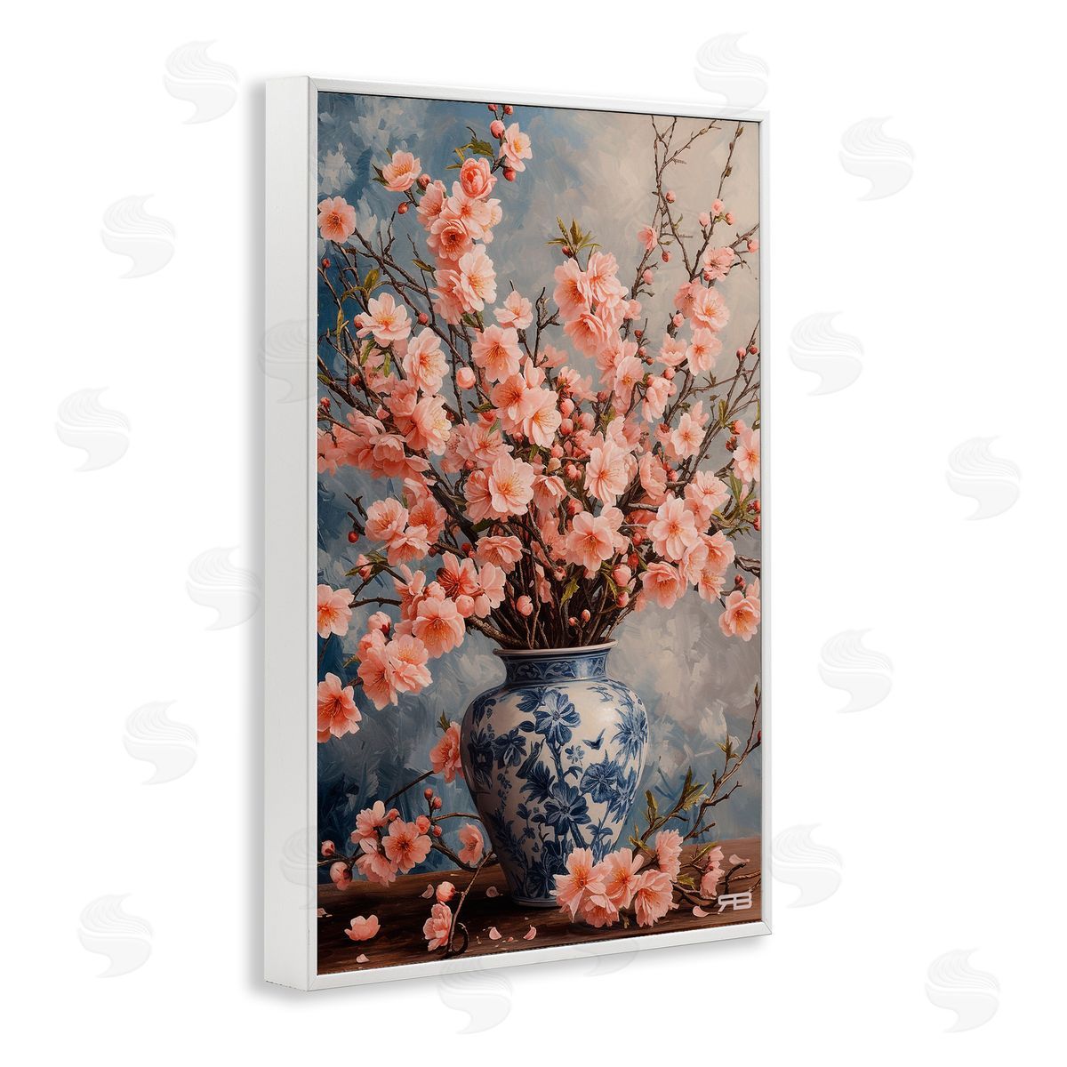 Detailed Cherry Blossom Vase White Frame Print Wall Art, Home Decor by Roozbeh Bahramali